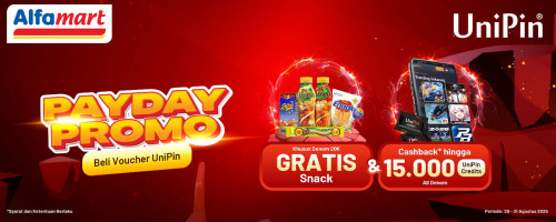 Payday Promo! Beli Voucher UniPin di Alfamart, Dapatkan Snack Gratis & Cashback hingga 15.000 UniPin Credits!